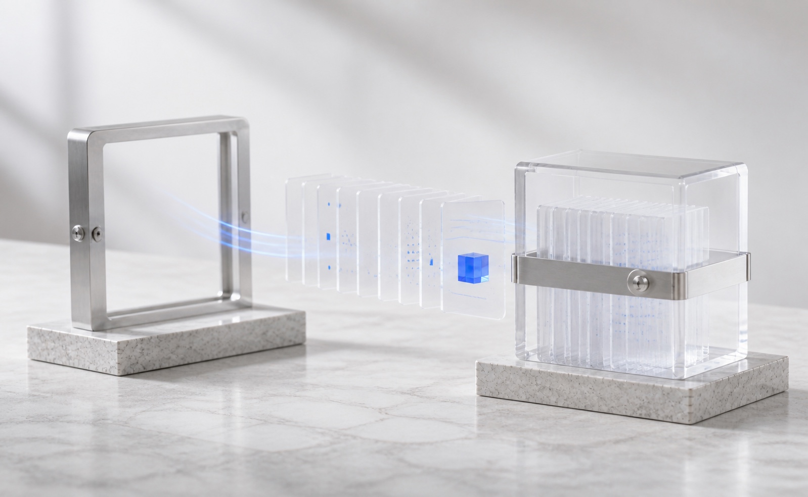 A judgment archive moving from a metal frame into transparent crystal storage